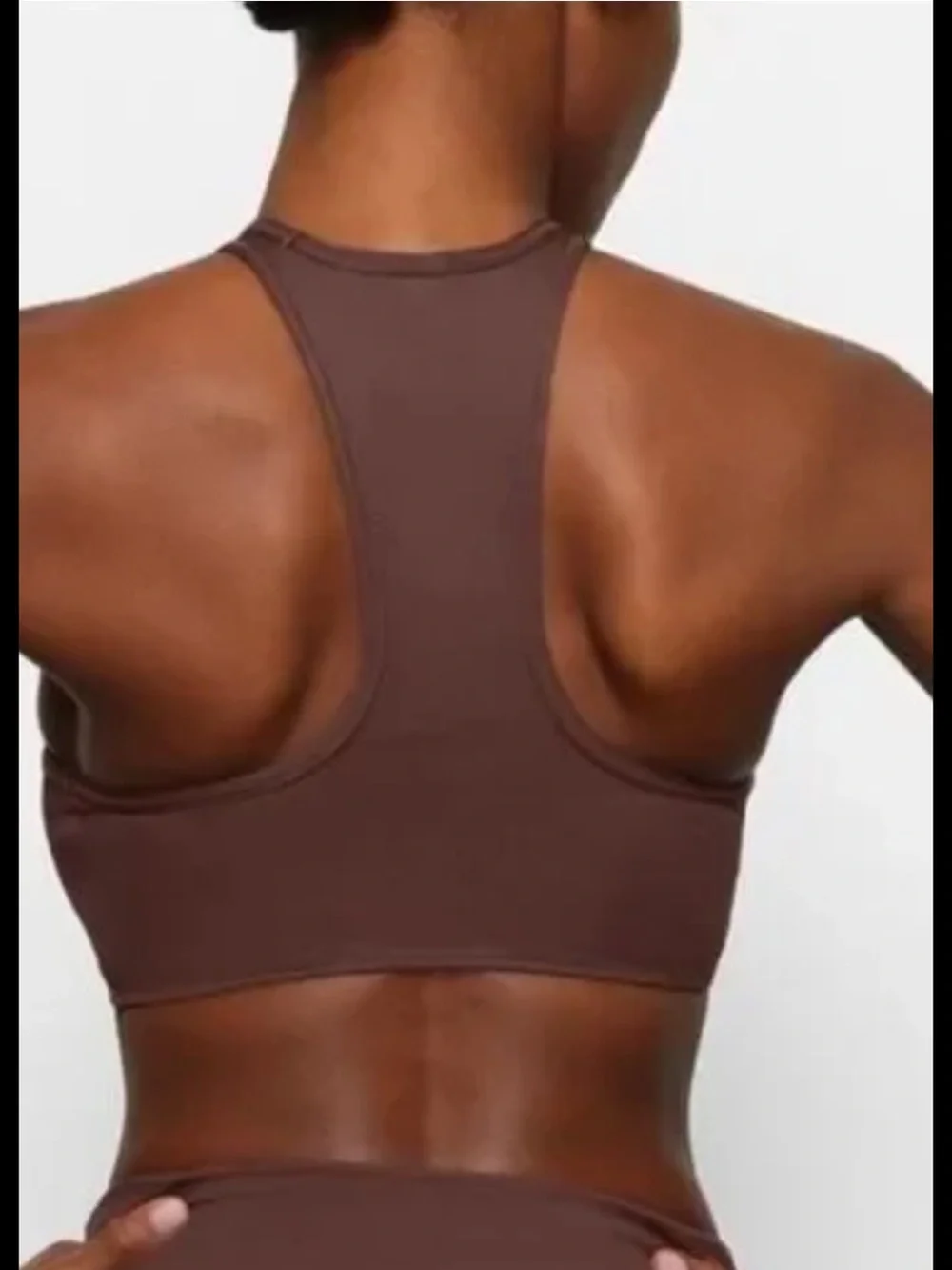New! Skims 2X recycled high neck racer back swim top in cocoa .